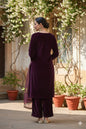 Myshka Women Wine Velvet Embroidered Full Sleeve Kurta Set with Organza Dupatta