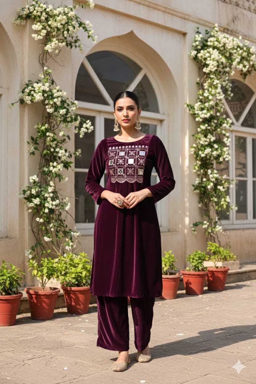 Myshka Women Wine Velvet Embroidered Full Sleeve Kurta Set with Organza Dupatta