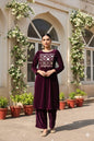 Myshka Women Wine Velvet Embroidered Full Sleeve Kurta Set with Organza Dupatta