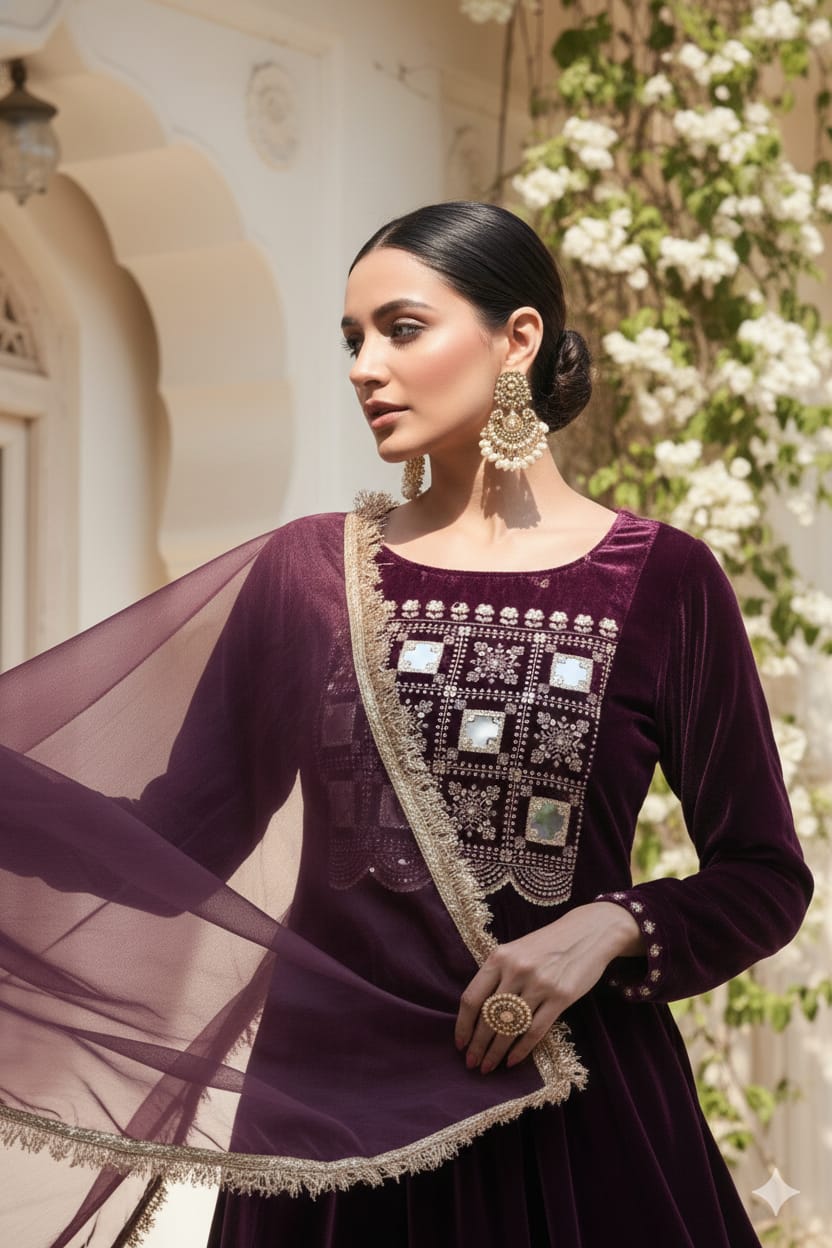 Myshka Women Wine Velvet Embroidered Full Sleeve Kurta Set with Organza Dupatta
