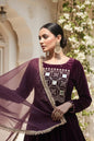 Myshka Women Wine Velvet Embroidered Full Sleeve Kurta Set with Organza Dupatta