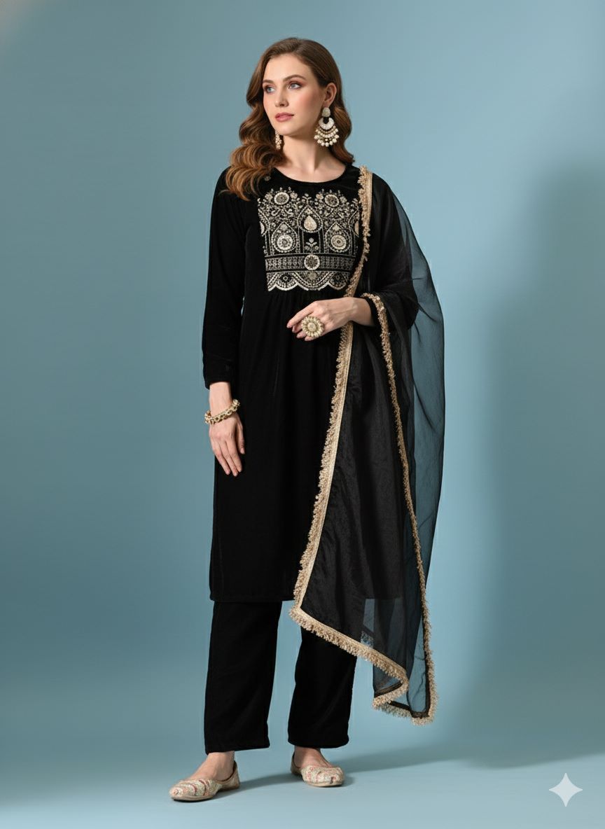 Myshka Women Black Velvet Embroidered Full Sleeve Kurta Set with Organza Dupatta