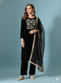 Myshka Women Black Velvet Embroidered Full Sleeve Kurta Set with Organza Dupatta