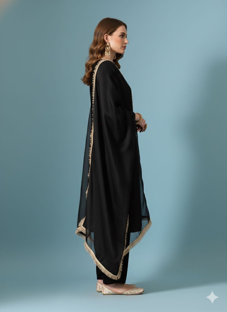 Myshka Women Black Velvet Embroidered Full Sleeve Kurta Set with Organza Dupatta