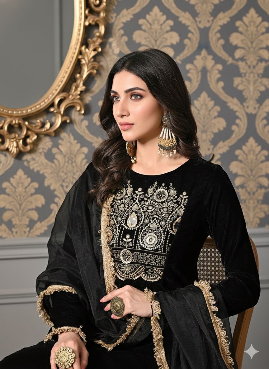 Myshka Women Black Velvet Embroidered Full Sleeve Kurta Set with Organza Dupatta