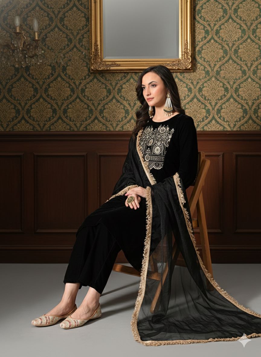 Myshka Women Black Velvet Embroidered Full Sleeve Kurta Set with Organza Dupatta