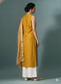 Myshka Women Yellow Sleeveless Kurta, White Palazzo with Printed Organza Dupatta