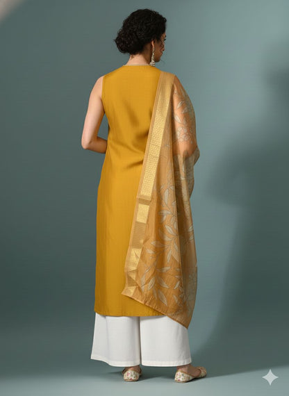 Myshka Women Yellow Sleeveless Kurta, White Palazzo with Printed Organza Dupatta