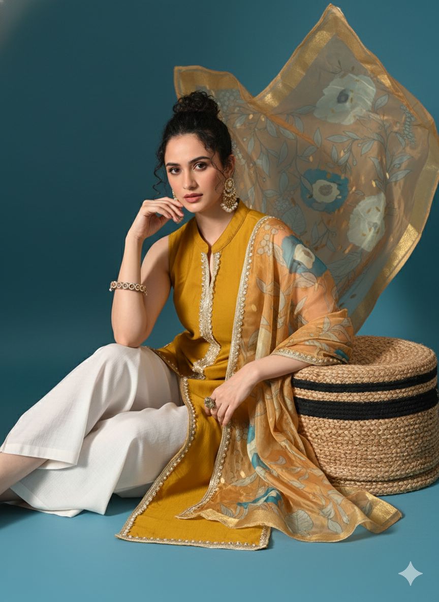 Myshka Women Yellow Sleeveless Kurta, White Palazzo with Printed Organza Dupatta