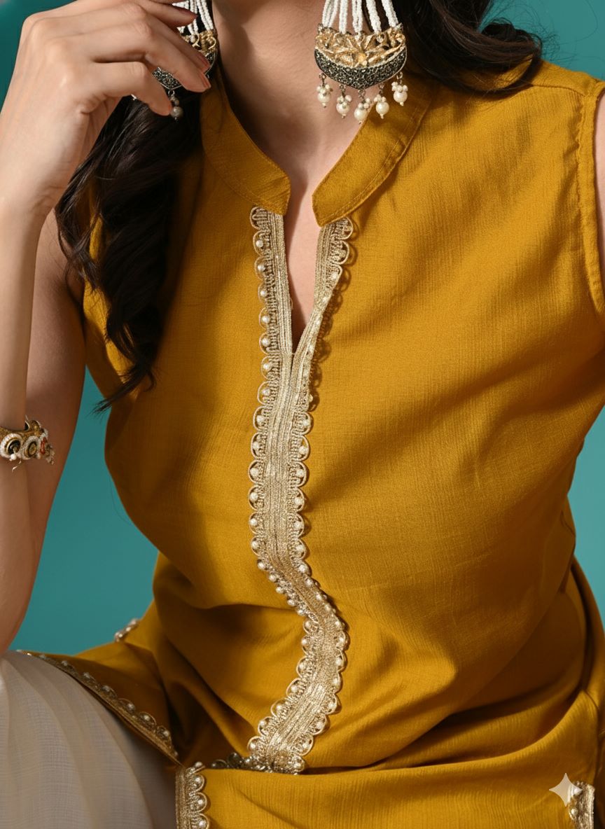 Myshka Women Yellow Sleeveless Kurta, White Palazzo with Printed Organza Dupatta
