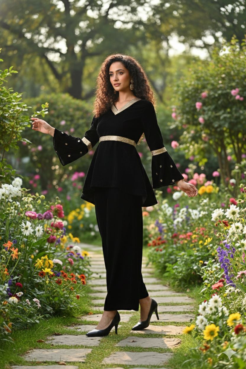 Myshka Women Black Velvet Peplum Top with Belt & Trouser Co-ord Set