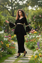 Myshka Women Black Velvet Peplum Top with Belt & Trouser Co-ord Set
