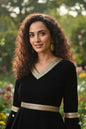 Myshka Women Black Velvet Peplum Top with Belt & Trouser Co-ord Set
