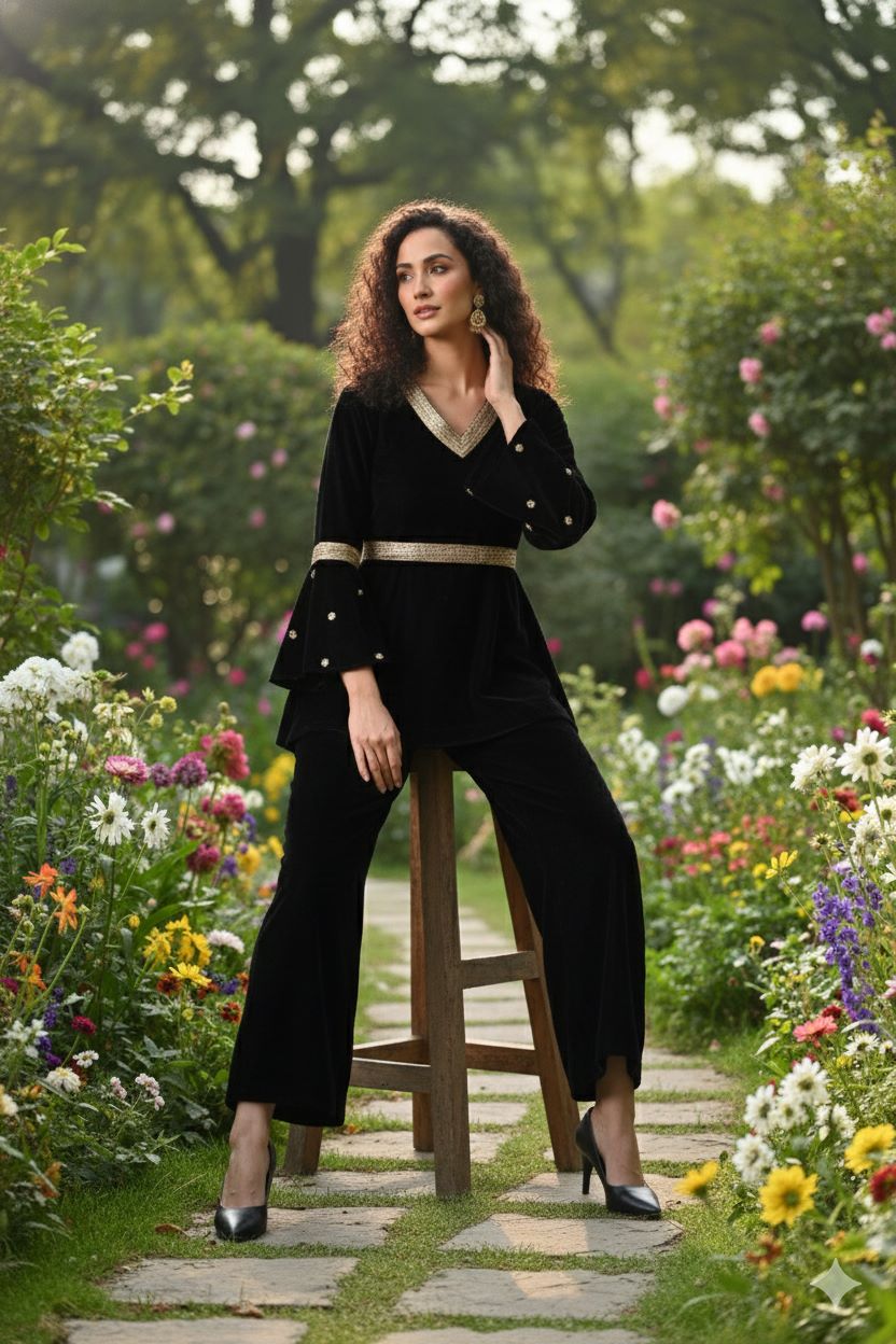 Myshka Women Black Velvet Peplum Top with Belt & Trouser Co-ord Set