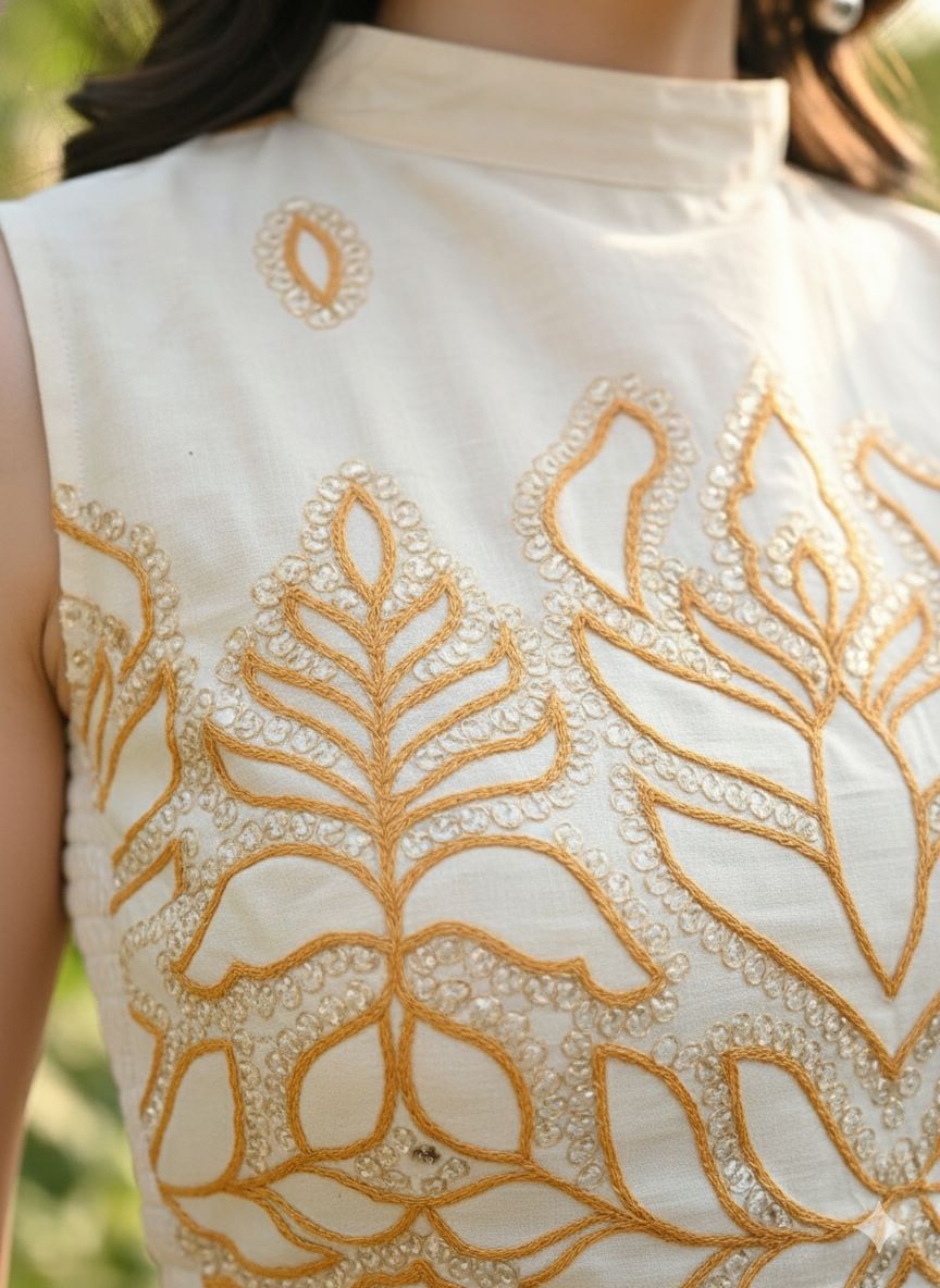 Myshka Women Off White Thread Embroidered Halter Neck Saree Blouse