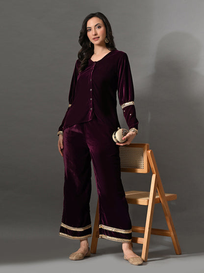 Myshka Women Wine Velvet Shirt Embroidered Full Sleeves with Flared Trouser Co-ord Set