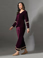 Myshka Women Wine Velvet Shirt Embroidered Full Sleeves with Flared Trouser Co-ord Set