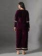 Myshka Women Wine Velvet Shirt Embroidered Full Sleeves with Flared Trouser Co-ord Set
