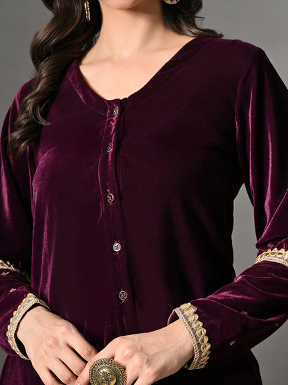 Myshka Women Wine Velvet Shirt Embroidered Full Sleeves with Flared Trouser Co-ord Set