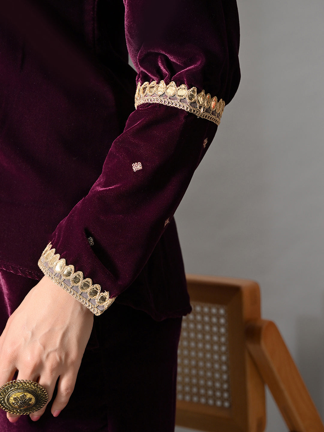 Myshka Women Wine Velvet Shirt Embroidered Full Sleeves with Flared Trouser Co-ord Set