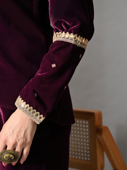 Myshka Women Wine Velvet Shirt Embroidered Full Sleeves with Flared Trouser Co-ord Set