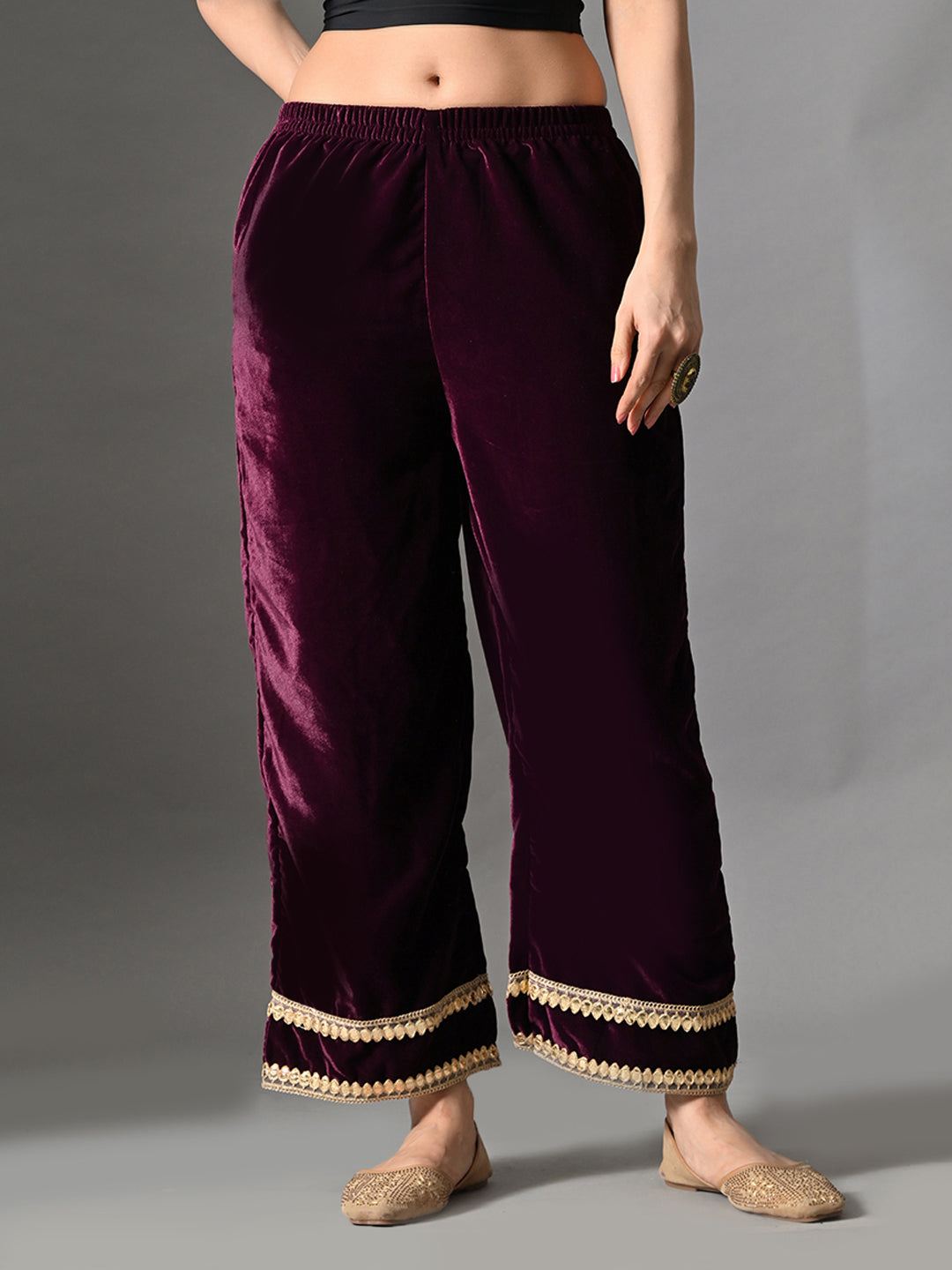 Myshka Women Wine Velvet Shirt Embroidered Full Sleeves with Flared Trouser Co-ord Set