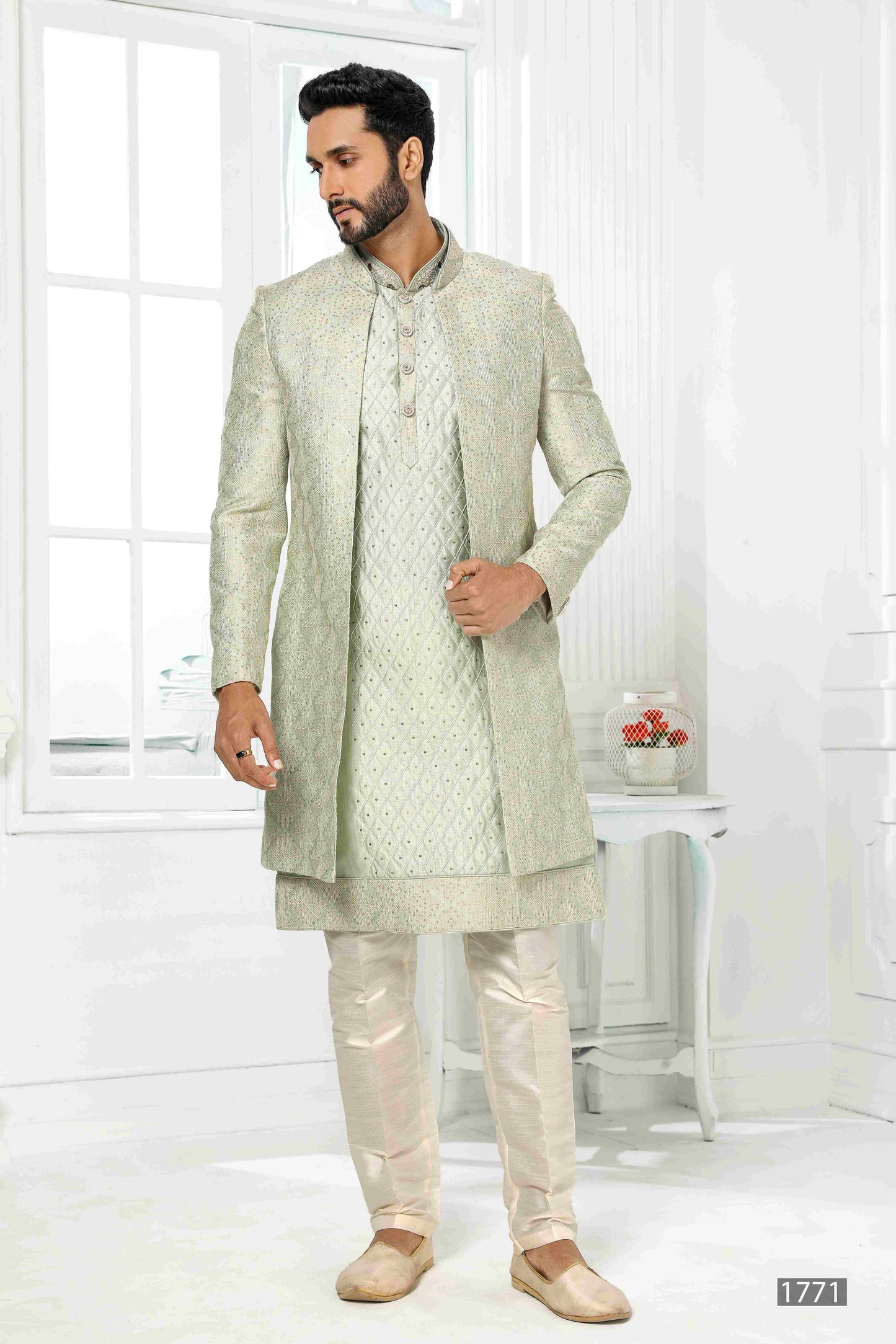 Raivat Ethnic Art Silk Embroidery Work 3 Pcs Indo Jacket Set In Pista Green Colour