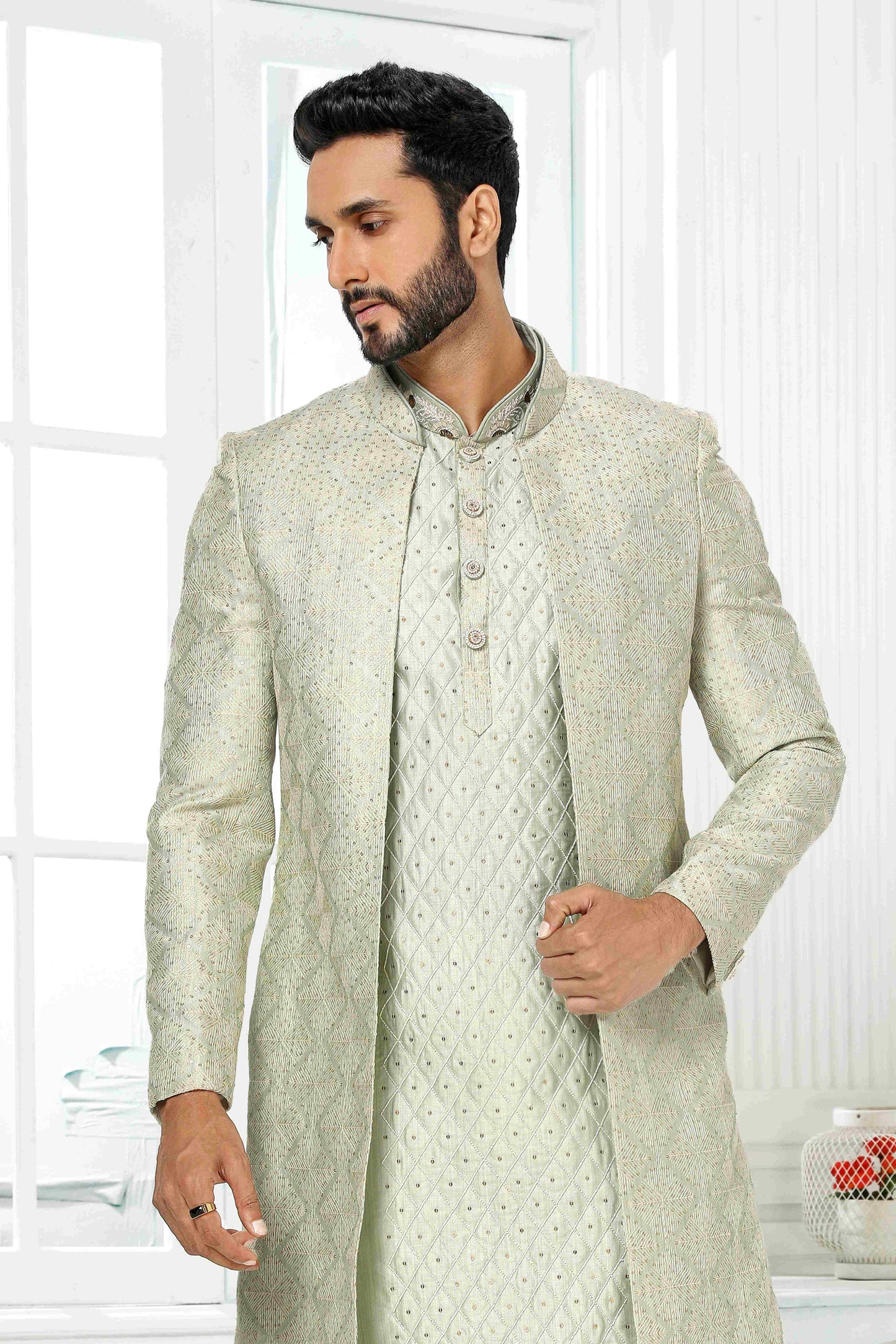 Raivat Ethnic Art Silk Embroidery Work 3 Pcs Indo Jacket Set In Pista Green Colour