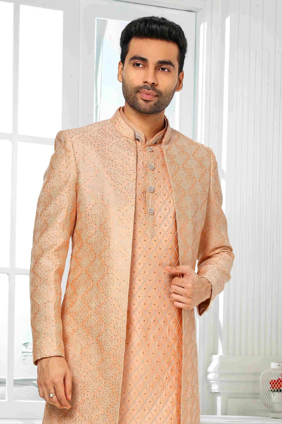 Raivat Ethnic Art Silk Embroidery Work 3 Pcs Indo Jacket Set In Peach Colour