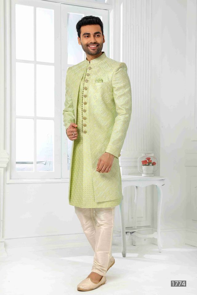 Raivat Ethnic Art Silk Embroidery Work 2 Pcs Indo Jacket Set In Pista Green Colour