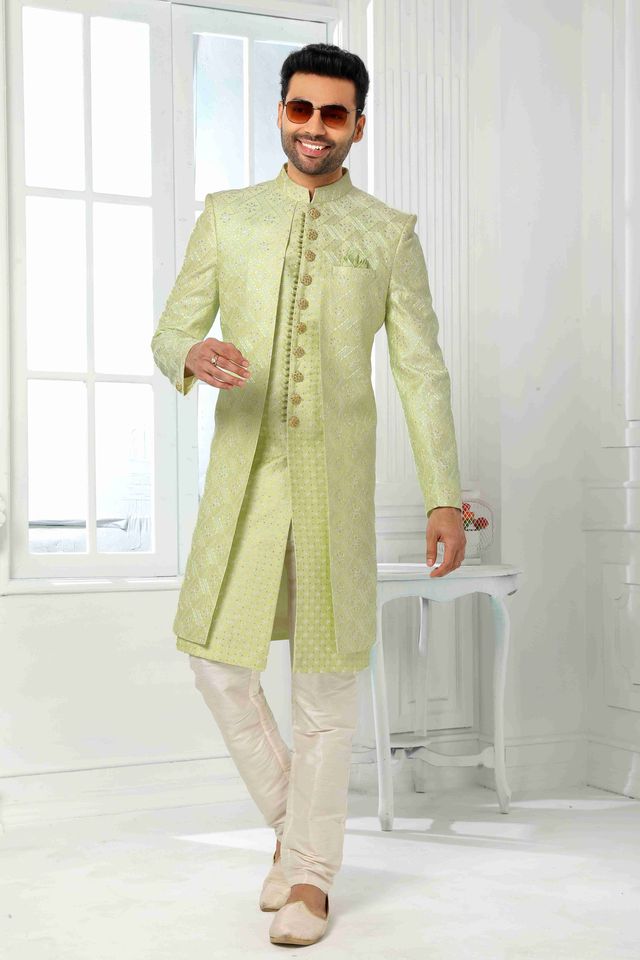 Raivat Ethnic Art Silk Embroidery Work 2 Pcs Indo Jacket Set In Pista Green Colour
