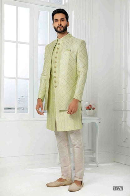 Raivat Ethnic Art Silk Embroidery Work 3 Pcs Indo Jacket Set In Pista Green Colour