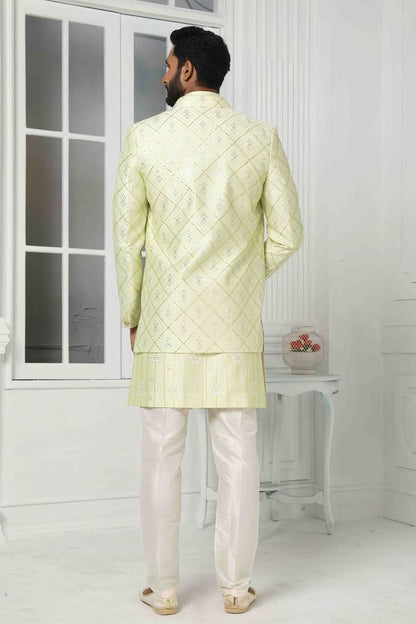 Raivat Ethnic Art Silk Embroidery Work 3 Pcs Indo Jacket Set In Pista Green Colour