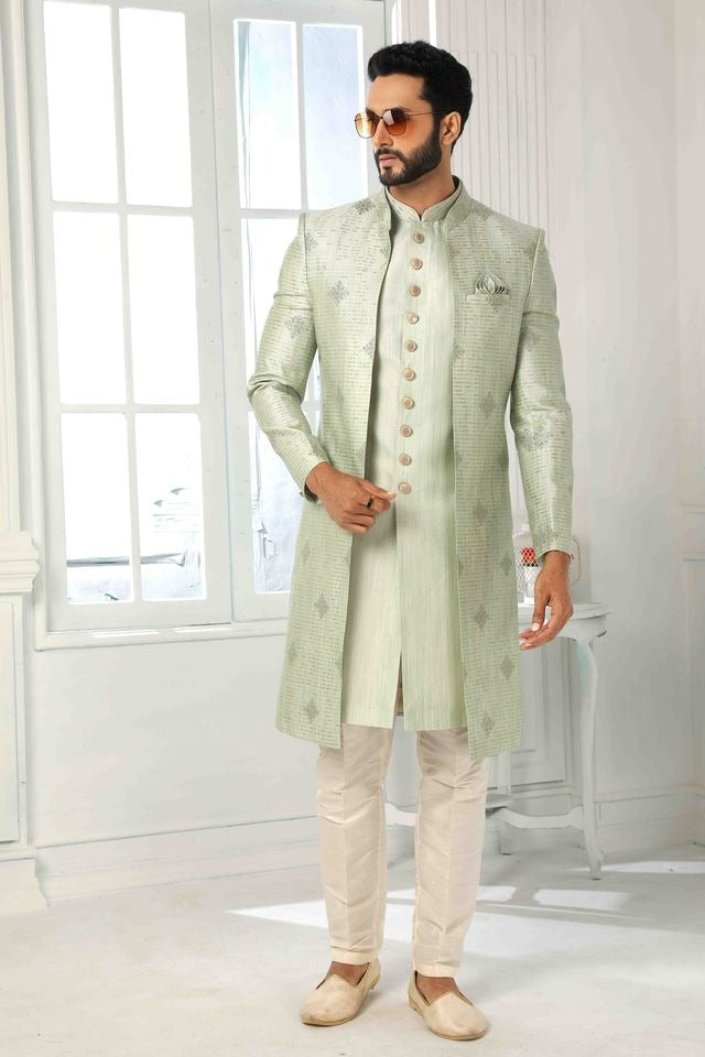Raivat Ethnic Art Silk Embroidery Work 3 Pcs Indo Jacket Set In Pista Green Colour