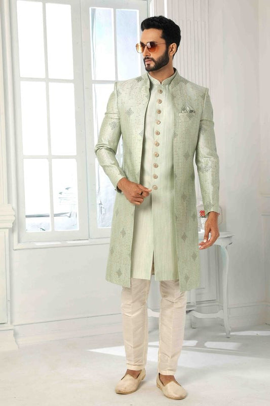 Raivat Ethnic Art Silk Embroidery Work 3 Pcs Indo Jacket Set In Pista Green Colour