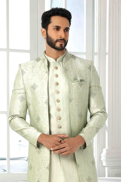 Raivat Ethnic Art Silk Embroidery Work 3 Pcs Indo Jacket Set In Pista Green Colour