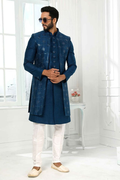 Raivat Ethnic Art Silk Embroidery Work 3 Pcs Indo Jacket Set In Teal Colour