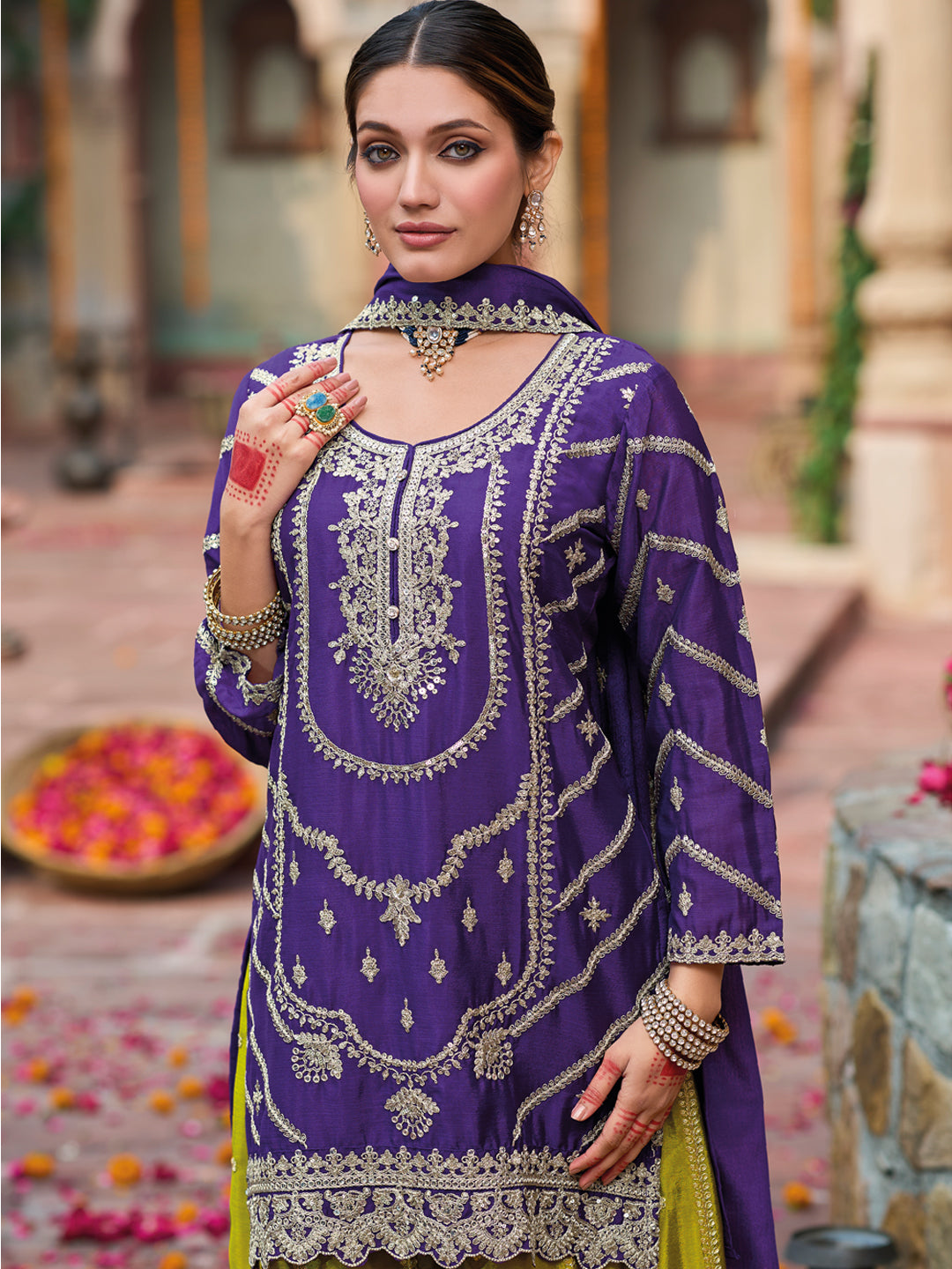 Evanik Purple and Parrot Green Chinon Silk with Embroidered and Sequence work Palazzo Suit