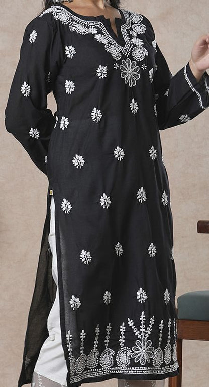 ADA Women Sustainable Black & White Paisley Chikankari Hand Embroidered Straight Kurta