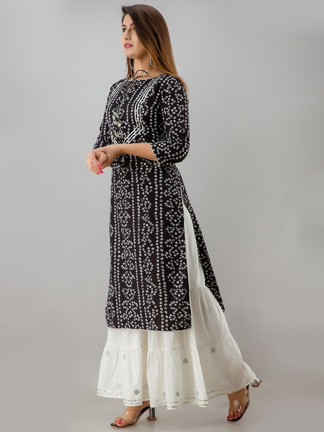 HERE&NOW Black Bandhani Printed Gotta Patti Kurta with Sharara