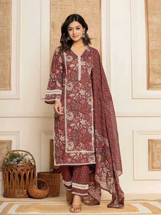 Yufta Maroon Floral Print Cotton Straight Style Kurta And Trouser With Dupatta