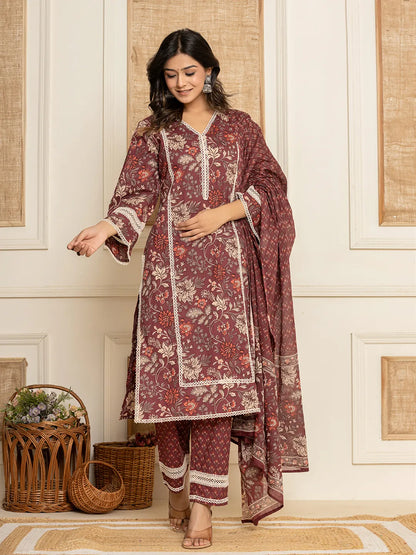 Yufta Maroon Floral Print Cotton Straight Style Kurta And Trouser With Dupatta