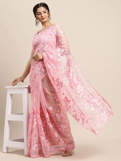 Saree Mall Pink Floral Embroidered Organza Sarees