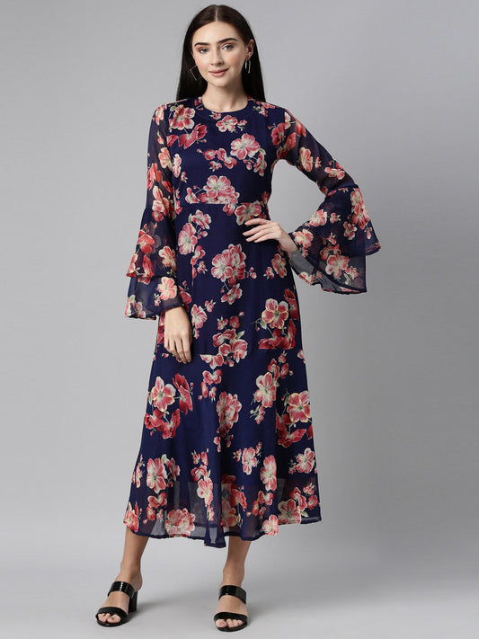 Souchii Floral Printed Round Neck Midi Dress