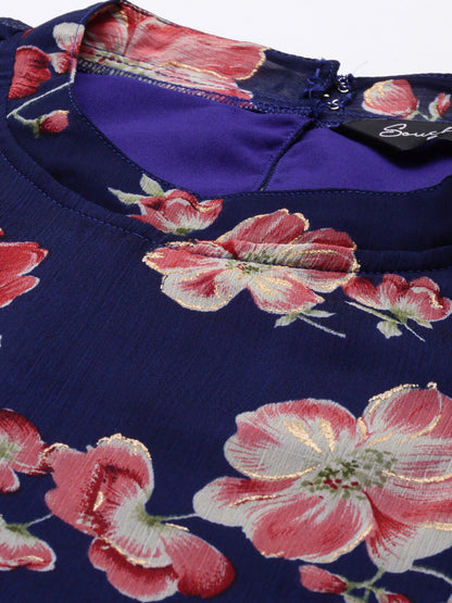 Souchii Floral Printed Round Neck Midi Dress