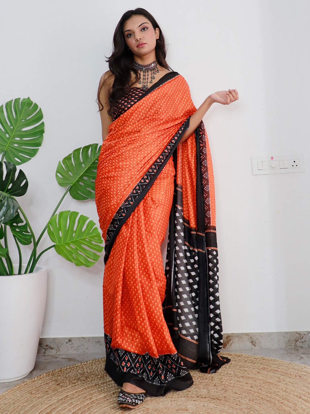 Saree Mall Orange & Black Ethnic Motifs Printed Pure Cotton Sarees