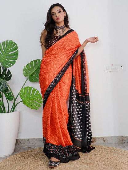 Saree Mall Orange & Black Ethnic Motifs Printed Pure Cotton Sarees
