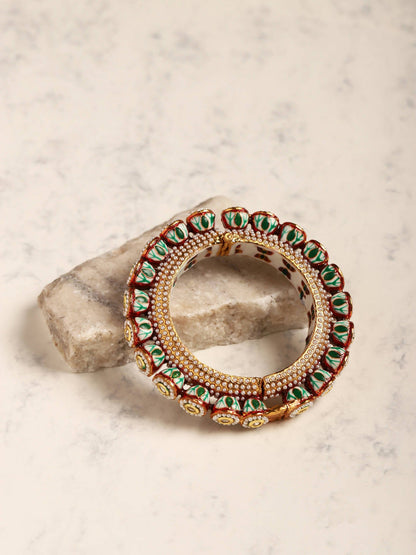Gold-Polished Green Kundan-Studded Bangle - Ruby Raang