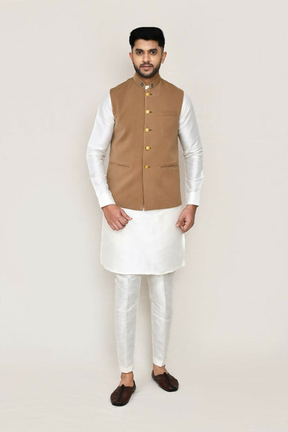 Joban Fashion White Colored Art Silk Fabric Kurta, Jacket With Straight Fit Pant