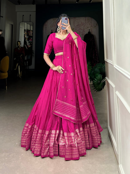 Lorenvalley Fashion Pink Pure Chanderi Plain With Zari Weaving Work Border Lehenga Choli with Dupatta